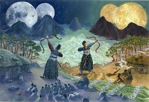 Two ancient Koreans with bows firing at the sky with four moons in the background.