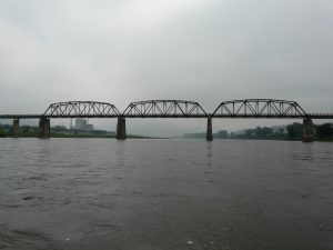 The Linjiang Yalu River Bridge at dusk.