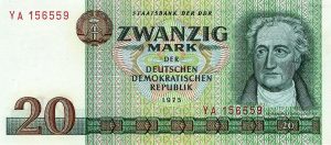 A 20-Mark note from the DDR (East Germany).