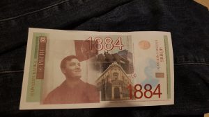 Personalized banknote in Serbian currency with Joel's face printed on it