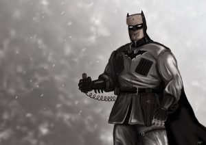 Soviet Batman in the snow with his thumb on a detonator.