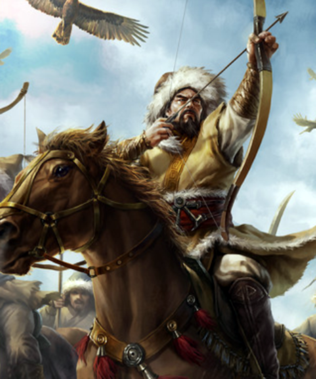 Mongolian Archery: a Mongol warrior on horseback drawing his bow whilst an eagle flies overhead. Basically the most Mongolian picture ever.