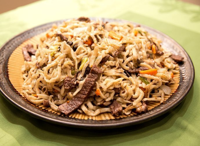 Mongolian Cuisine: fried noodles with mutton.