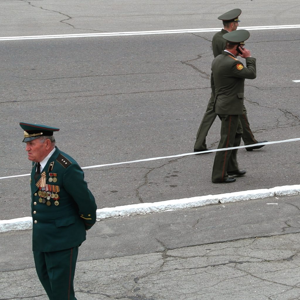 Transnistrian military officers walk the streets in Tiraspol.