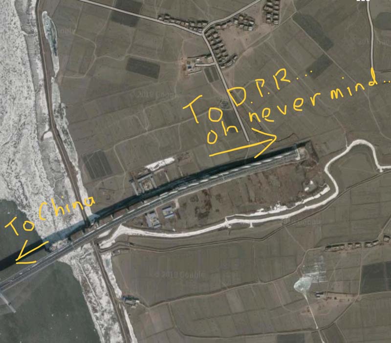 A satellite map showing the finished (but unused) New Yalu River Bridge on the North Korean side.