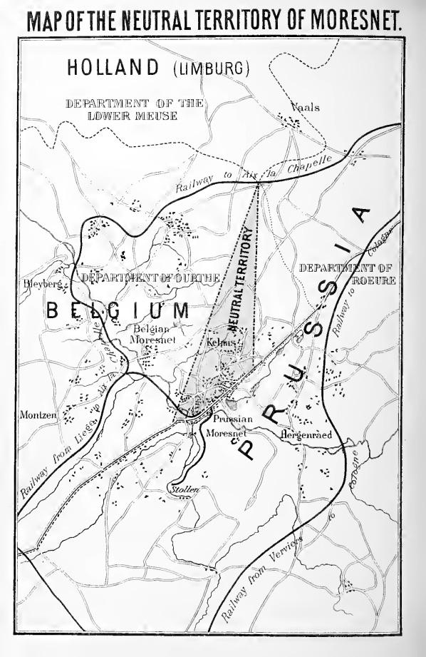 A map showing the location of Neutral Moresnet between Belgium, Prussia and Holland.
