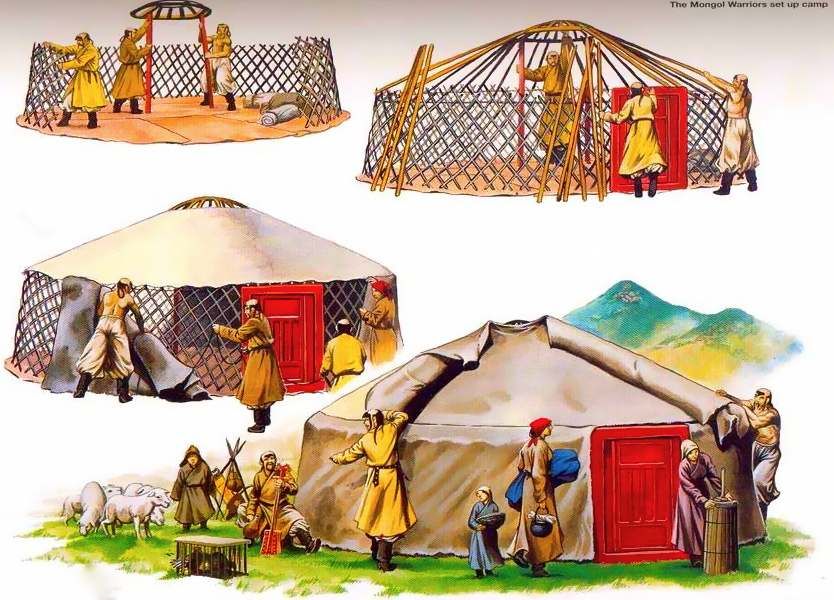 Nomads work to assemble a Mongolian ger.