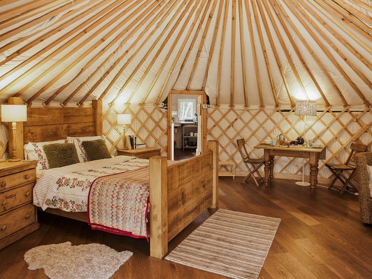 The interior of a fancy 'glamping' yurt in the UK.
