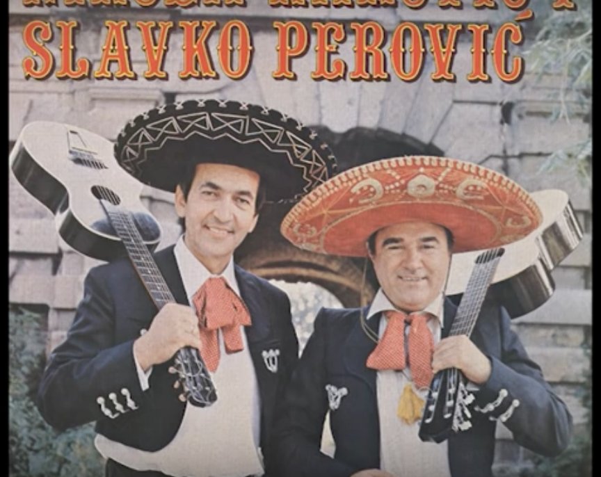 Two Yugoslavians in traditional Mexican mariachi dress in 1950s Yugoslavia. The title reads "slavko perovic".